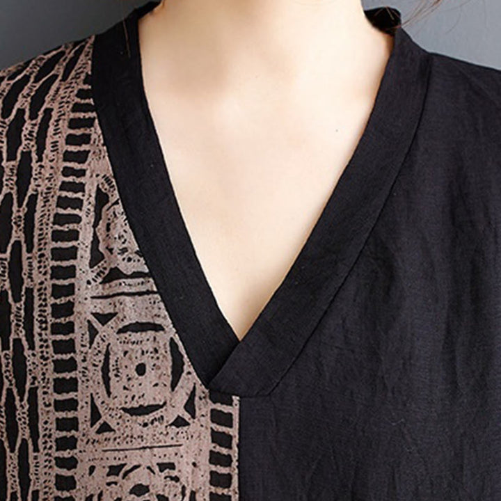 Buddha Stones Lässiges, lockeres Midikleid aus Baumwolle und Leinen mit V-Ausschnitt, halblangen Ärmeln und Taschen