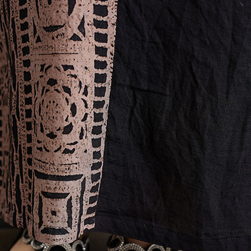 Buddha Stones Lässiges, lockeres Midikleid aus Baumwolle und Leinen mit V-Ausschnitt, halblangen Ärmeln und Taschen