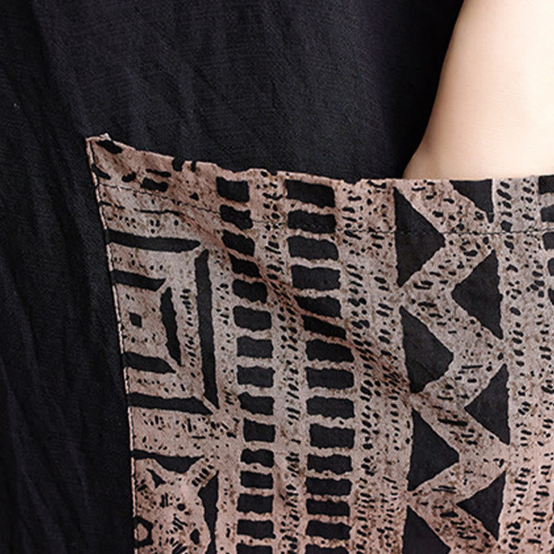 Buddha Stones Lässiges, lockeres Midikleid aus Baumwolle und Leinen mit V-Ausschnitt, halblangen Ärmeln und Taschen