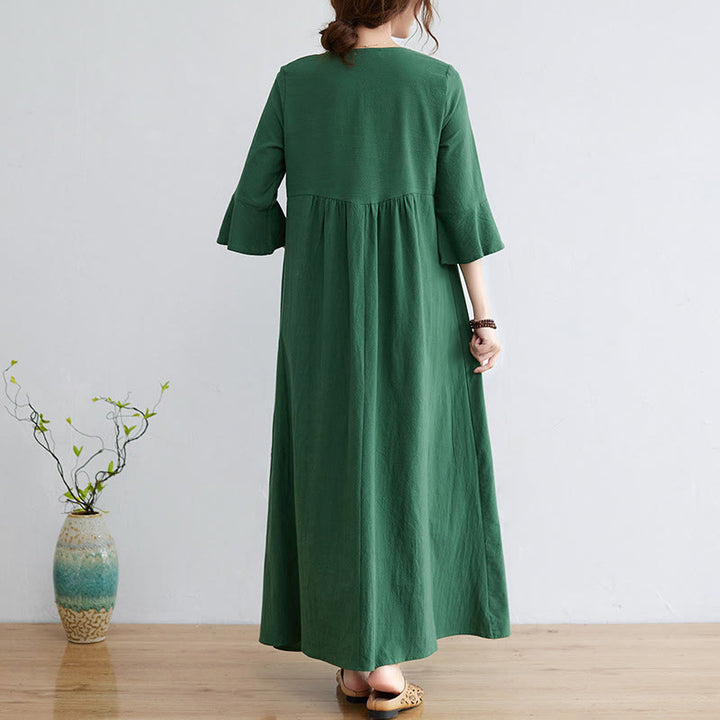 Buddha Stones – Lässiges Midikleid aus Baumwolle und Leinen mit besticktem Blumenmuster, V-Ausschnitt und Dreiviertelärmeln - image 16