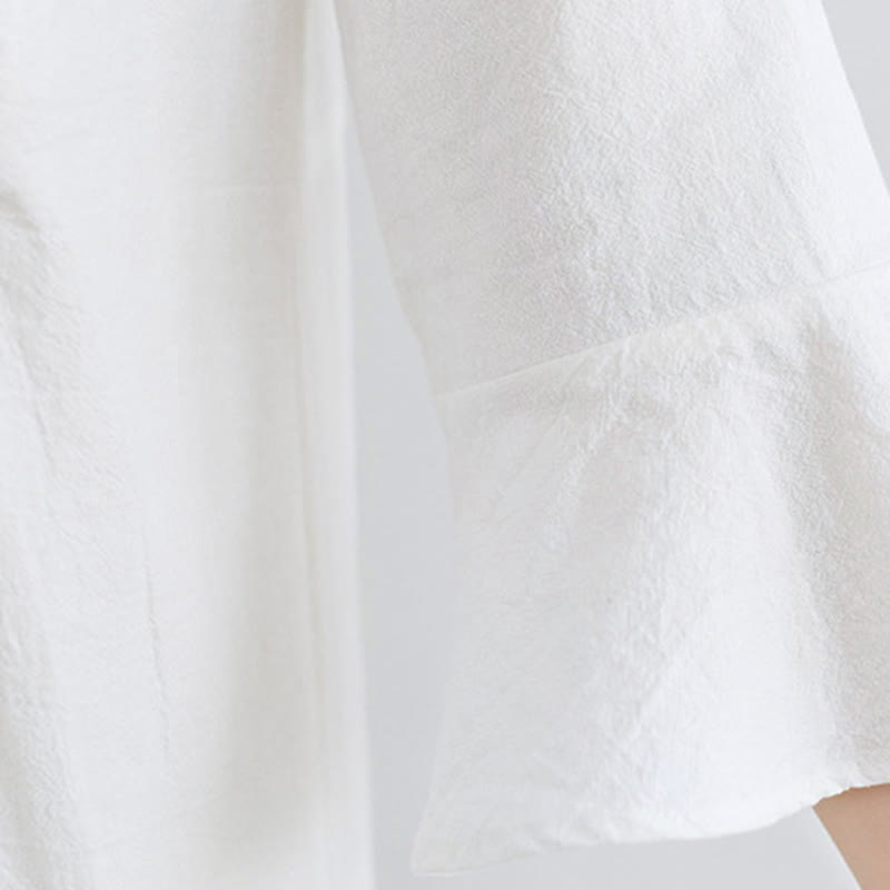 Buddha Stones – Lässiges Midikleid aus Baumwolle und Leinen mit besticktem Blumenmuster, V-Ausschnitt und Dreiviertelärmeln - image 8