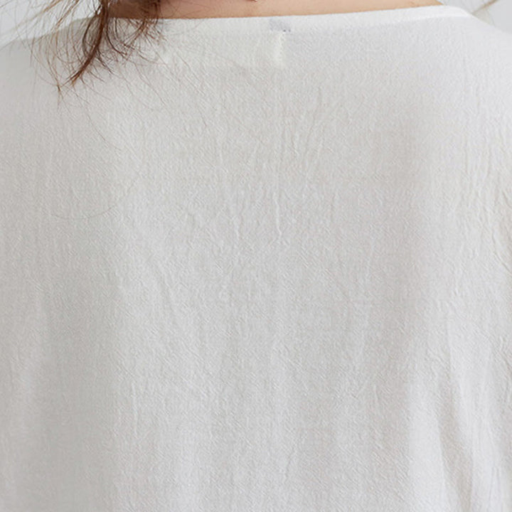 Buddha Stones – Lässiges Midikleid aus Baumwolle und Leinen mit besticktem Blumenmuster, V-Ausschnitt und Dreiviertelärmeln - image 6