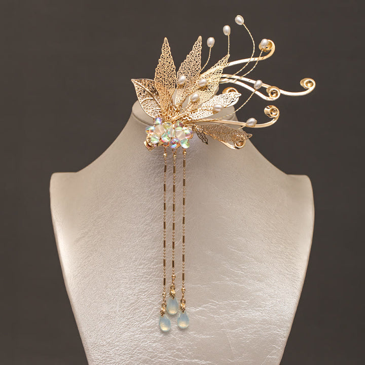 Haarspange mit Buddha Stones, traditionelle chinesische Blume und Blattgold, Quaste