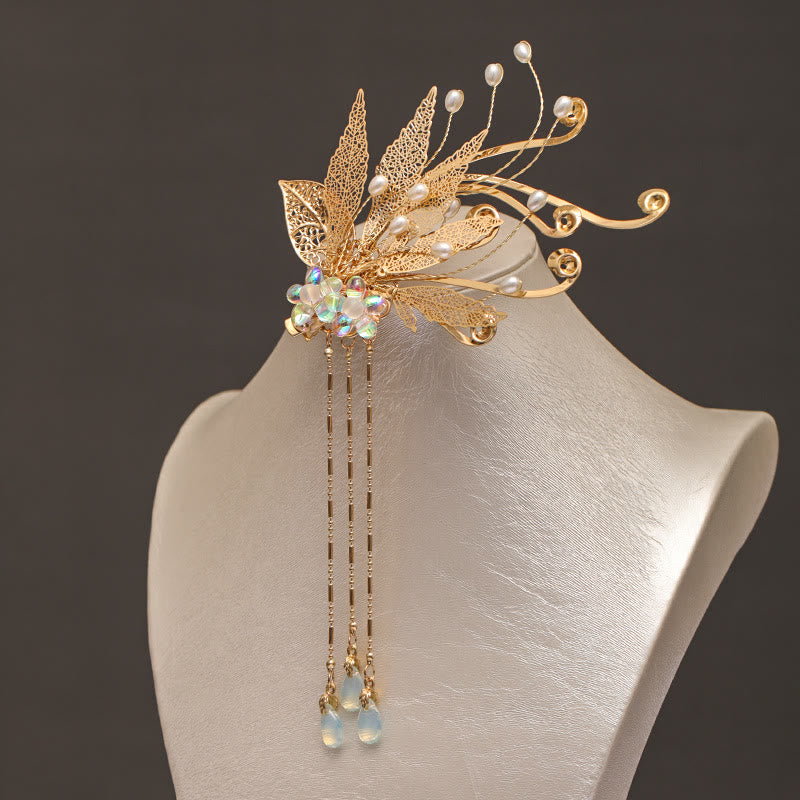 Haarspange mit Buddha Stones, traditionelle chinesische Blume und Blattgold, Quaste