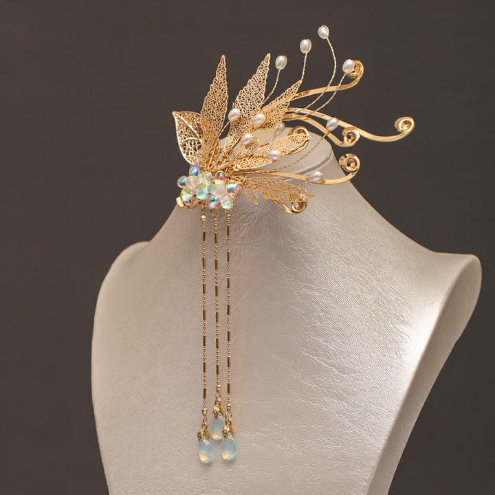 Haarspange mit Buddha Stones, traditionelle chinesische Blume und Blattgold, Quaste