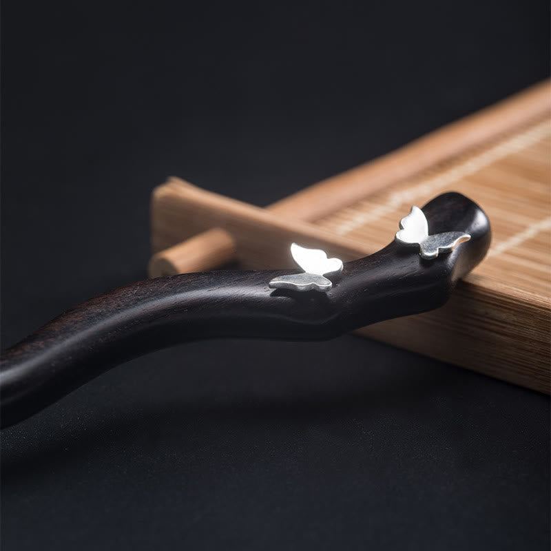 Buddha Stones 925 Sterling Silber Klassische chinesische Stil Ebenholz Schmetterling Relax Haarnadel