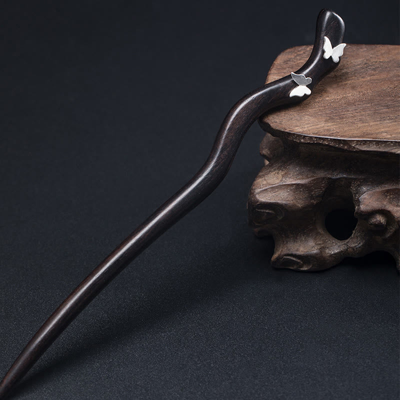 Buddha Stones 925 Sterling Silber Klassische chinesische Stil Ebenholz Schmetterling Relax Haarnadel