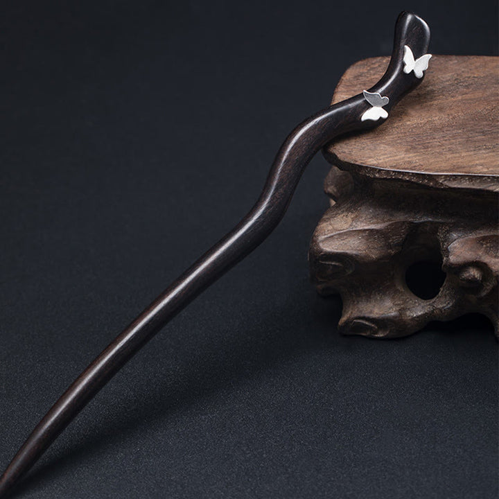 Buddha Stones 925 Sterling Silber Klassische chinesische Stil Ebenholz Schmetterling Relax Haarnadel