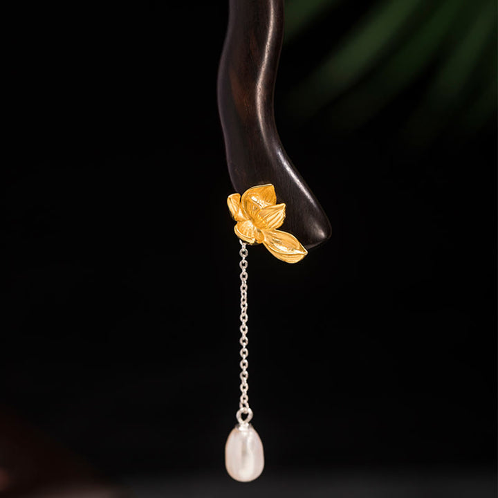 Buddha Stones 925 Sterling Silber Klassische chinesische Ebenholz Lotusblüte Perlenquaste Segen Haarnadel - image 7