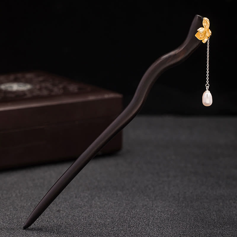 Buddha Stones 925 Sterling Silber Klassische chinesische Ebenholz Lotusblüte Perlenquaste Segen Haarnadel - image 2