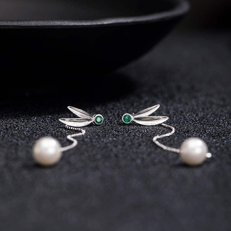 Buddha Stones 925 Sterling Silber Zirkon Perle Bambus Blätter Schutz Tropfen Ohrringe - image 6