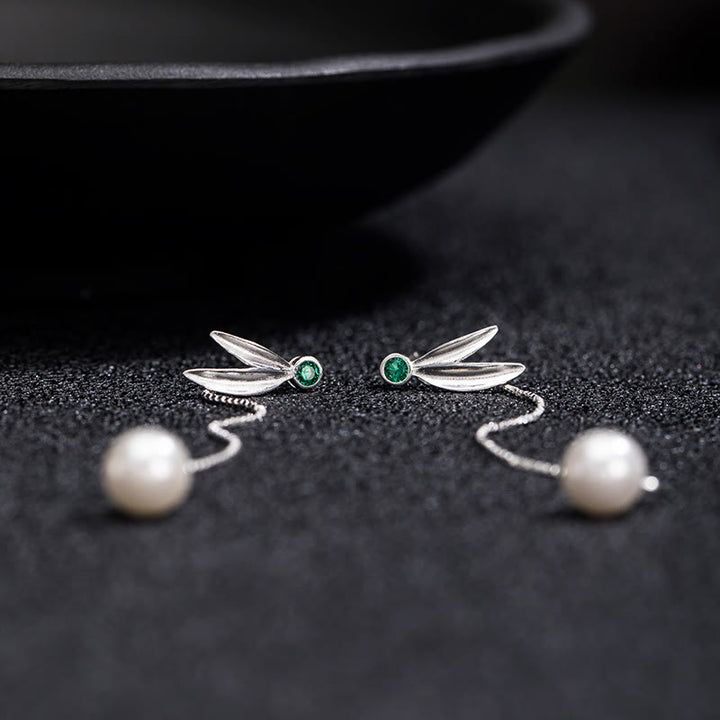 Buddha Stones 925 Sterling Silber Zirkon Perle Bambus Blätter Schutz Tropfen Ohrringe - image 6