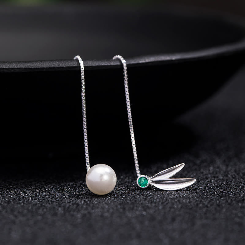 Buddha Stones 925 Sterling Silber Zirkon Perle Bambus Blätter Schutz Tropfen Ohrringe - image 5