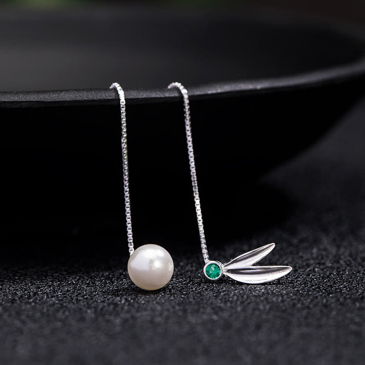 Buddha Stones 925 Sterling Silber Zirkon Perle Bambus Blätter Schutz Tropfen Ohrringe - image 5