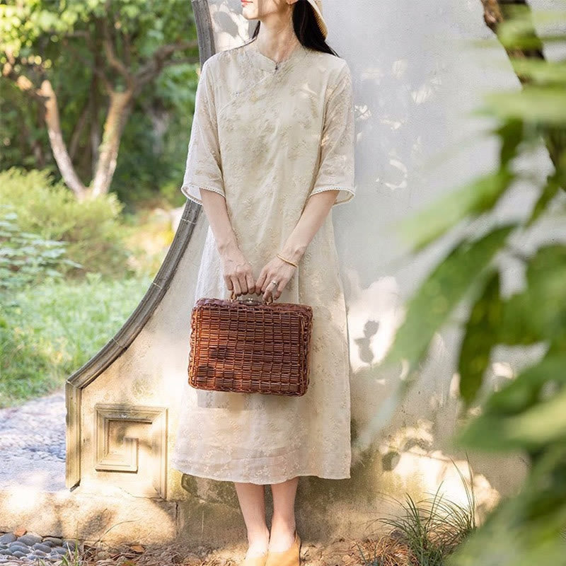 Buddha Stones – Lässiges Ramie-Midikleid mit besticktem Schrägkragen, Stehkragen, halblangen Ärmeln und Taschen - image 1