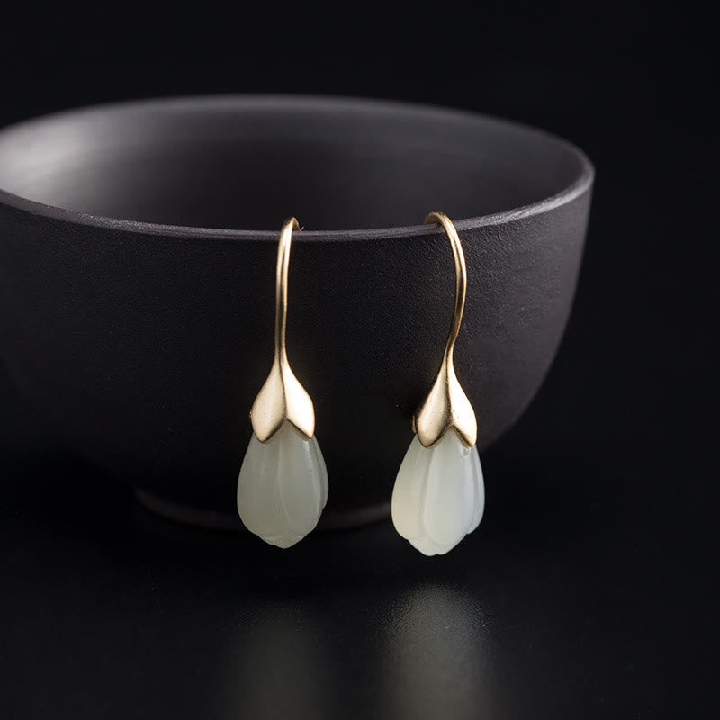 Buddha Stones 925 Sterling Silber Hetian Jade Magnolia Abundance Tropfen Ohrringe