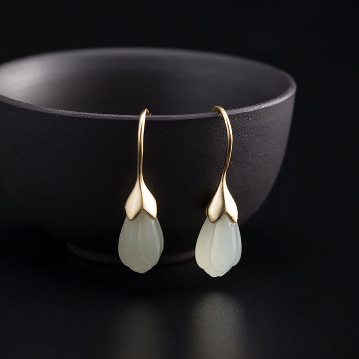 Buddha Stones 925 Sterling Silber Hetian Jade Magnolia Abundance Tropfen Ohrringe