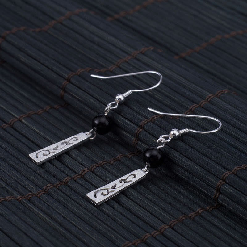 Buddha Stones 925 Sterling Silber Schwarzer Onyx Hohle Ranke Schutz Tropfen Ohrringe - image 4