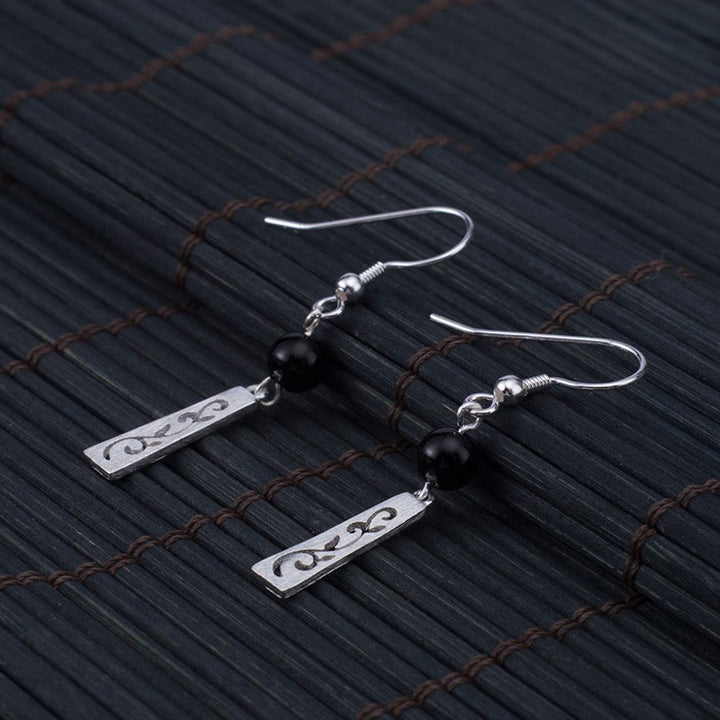 Buddha Stones 925 Sterling Silber Schwarzer Onyx Hohle Ranke Schutz Tropfen Ohrringe - image 4