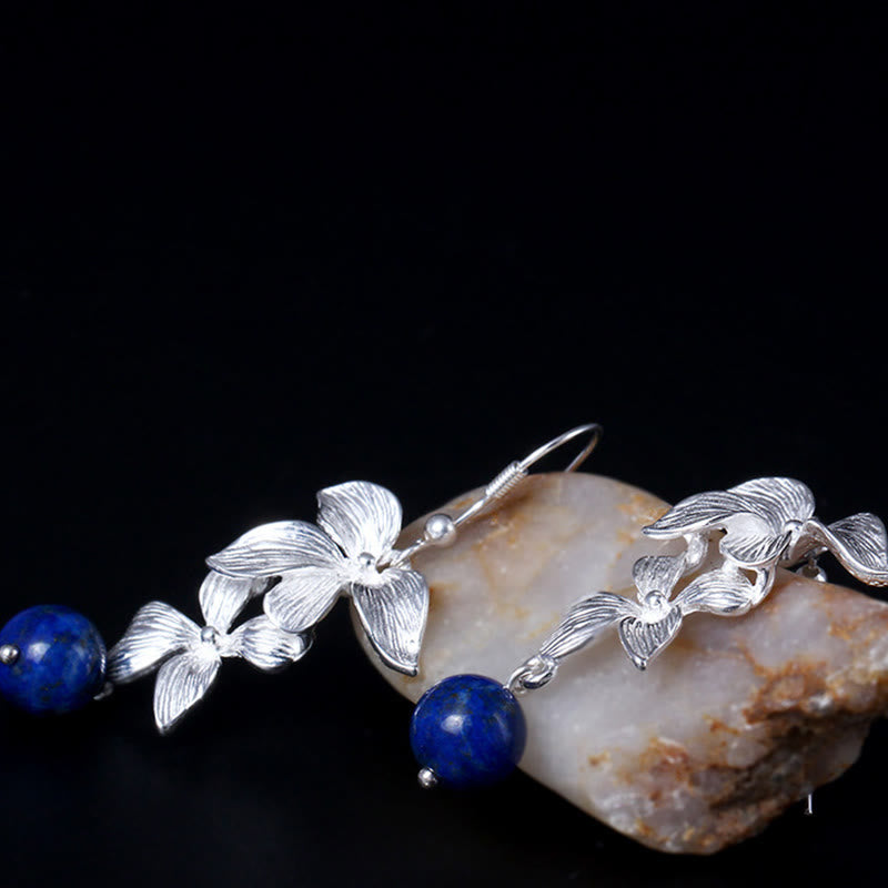 Buddha Stones 925 Sterling Silber Lazurite Ethnischer Stil Blume Positive Tropfen Ohrringe - image 1