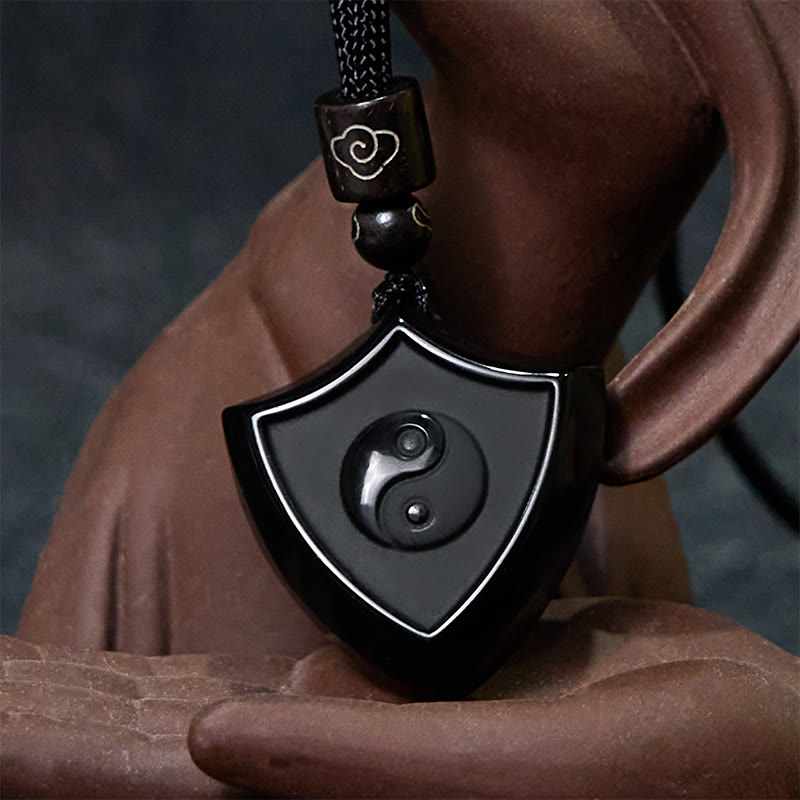 Halskette mit Anhänger aus schwarzem Obsidian mit Schildmuster von Buddha Stones, Yin und Yang-Symbol, Stärke - image 3