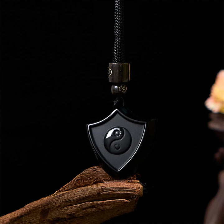 Halskette mit Anhänger aus schwarzem Obsidian mit Schildmuster von Buddha Stones, Yin und Yang-Symbol, Stärke - Schild YIN YANG - image 1