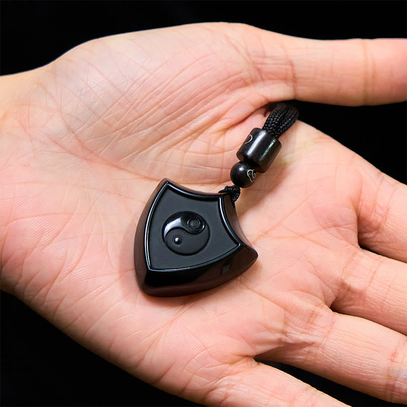 Halskette mit Anhänger aus schwarzem Obsidian mit Schildmuster von Buddha Stones, Yin und Yang-Symbol, Stärke - image 6