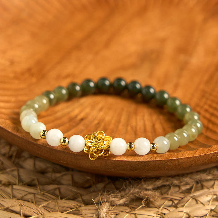 Buddha Stones Armband aus natürlichem Hetian-Jade mit Farbverlauf und Lotusblüte