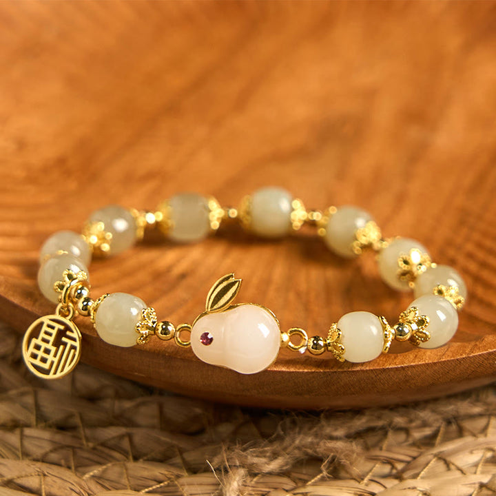 Buddha Stones Natürliches Hetian Jade Fu Charakter Fu Marke Kaninchen Fülle Armband