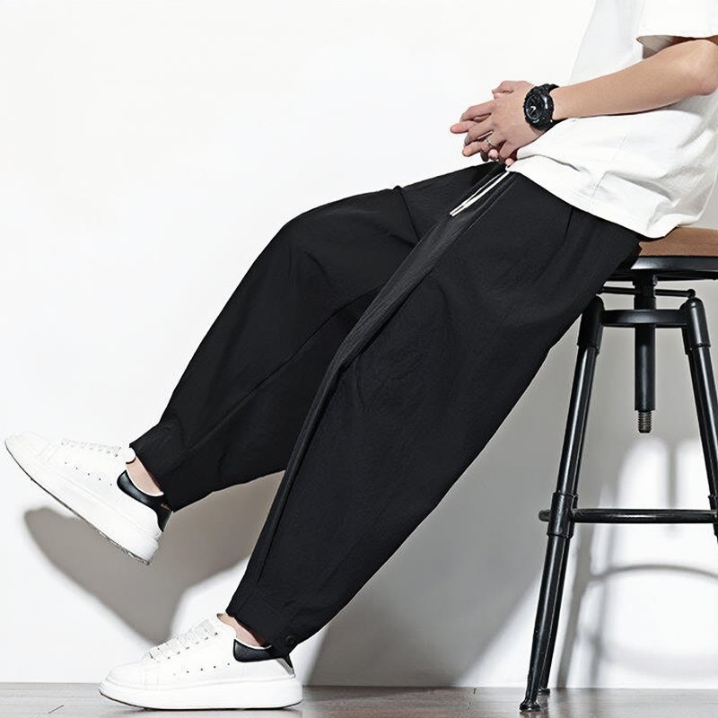 Buddha Stones Lässige, einfarbige Haremshose für Herren mit Kordelzug und Taschen