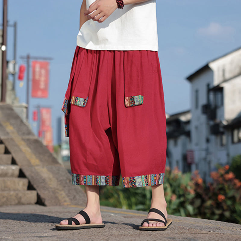 Buddha Stones Sommer Ethno 7-8 Länge verkürzte Herrenhose aus Baumwolle mit weitem Bein und Taschen