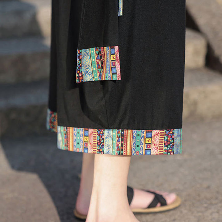 Buddha Stones Sommer Ethno 7-8 Länge verkürzte Herrenhose aus Baumwolle mit weitem Bein und Taschen