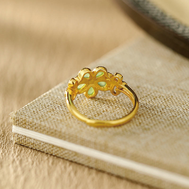 Buddha Stones Natürlicher Hetian Jade 925 Sterling Silber Vergoldeter Blumen-Verstellbarer Wohlstandsring