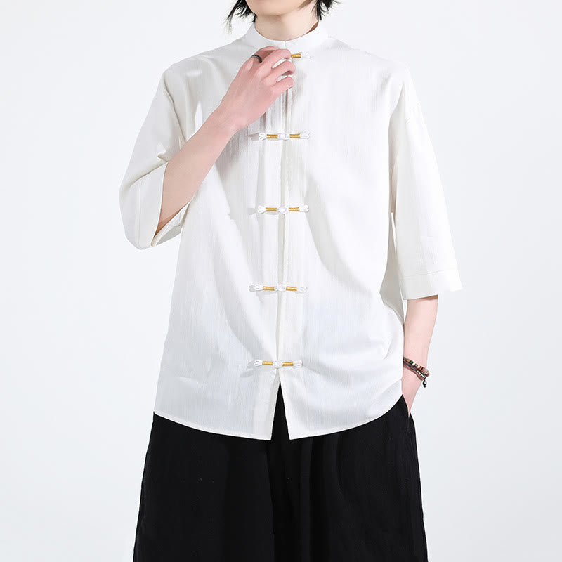 Buddha Stones Reine Farbe Frosch-Knopf Halbarm Leinen Herrenhemd - image 6