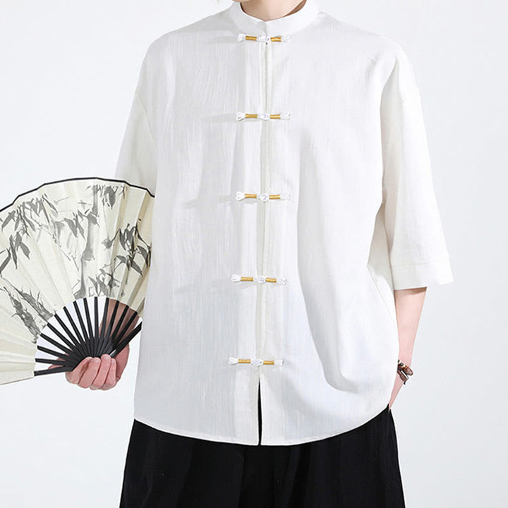 Buddha Stones Reine Farbe Frosch-Knopf Halbarm Leinen Herrenhemd - image 1