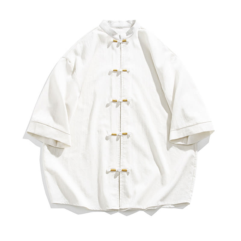 Buddha Stones Reine Farbe Frosch-Knopf Halbarm Leinen Herrenhemd - image 7