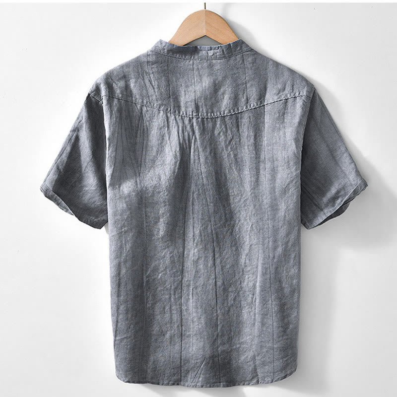 Buddha Stones Herrenhemd mit halben Knöpfen und V-Ausschnitt, kurzärmlig, Ramie-Baumwolle - image 1