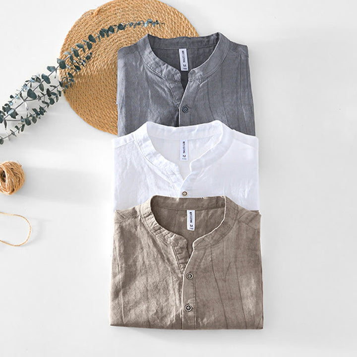 Buddha Stones Herrenhemd mit halben Knöpfen und V-Ausschnitt, kurzärmlig, Ramie-Baumwolle - image 19