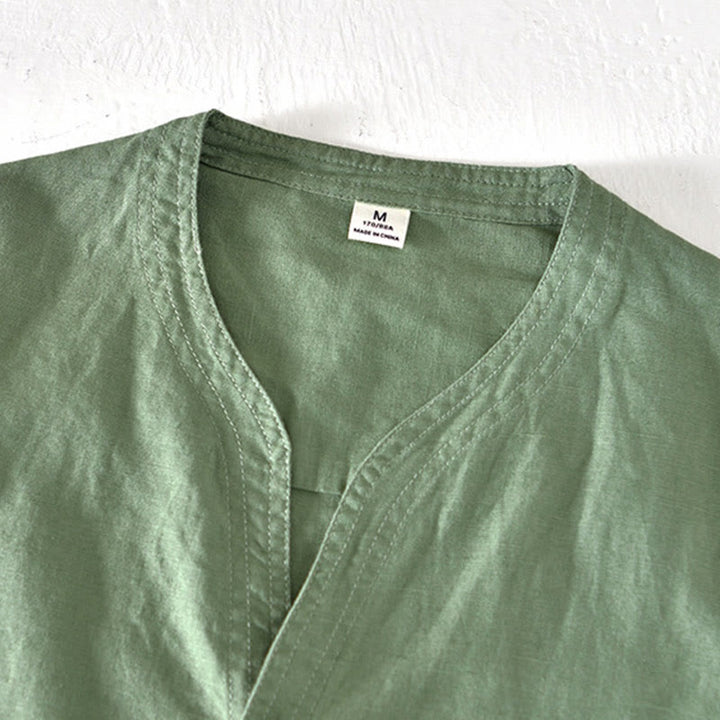 Buddha Stones Sommer-Herrenhemd mit Stehkragen und kurzen Ärmeln aus Baumwolle und Leinen mit halben Knöpfen - image 1