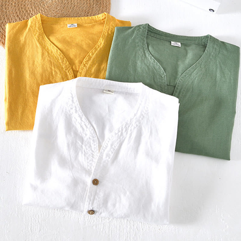 Buddha Stones Sommer-Herrenhemd mit Stehkragen und kurzen Ärmeln aus Baumwolle und Leinen mit halben Knöpfen - image 19