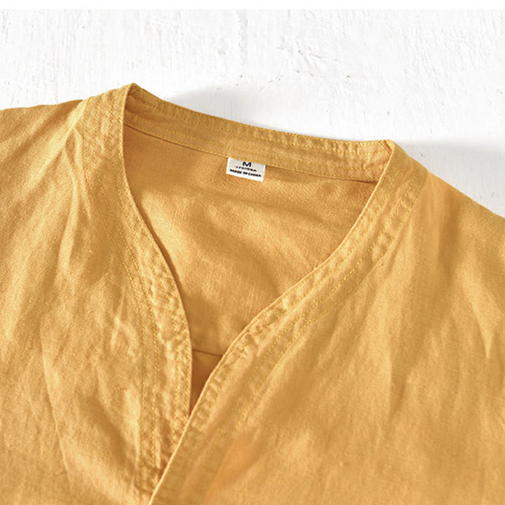 Buddha Stones Sommer-Herrenhemd mit Stehkragen und kurzen Ärmeln aus Baumwolle und Leinen mit halben Knöpfen - image 14