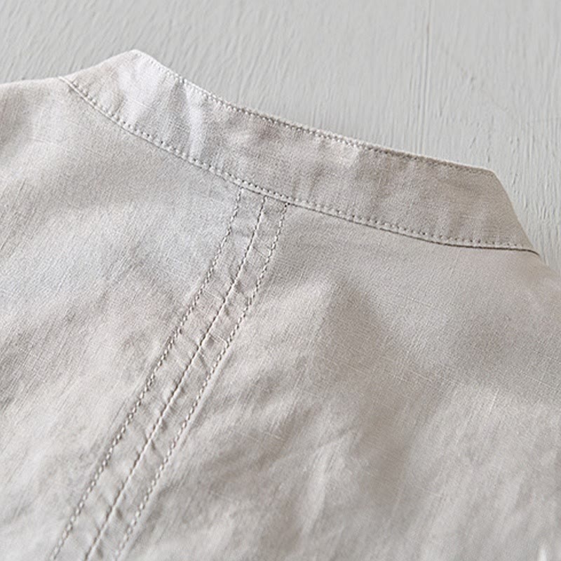 Buddha Stones Herrenhemd mit lässigem, schlichtem Design, kurzärmelig, aus Baumwolle und Leinen, mit halben Knöpfen