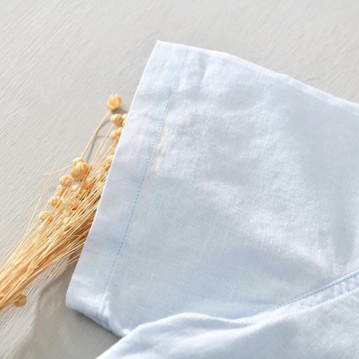 Buddha Stones Herrenhemd mit lässigem, schlichtem Design, kurzärmelig, aus Baumwolle und Leinen, mit halben Knöpfen