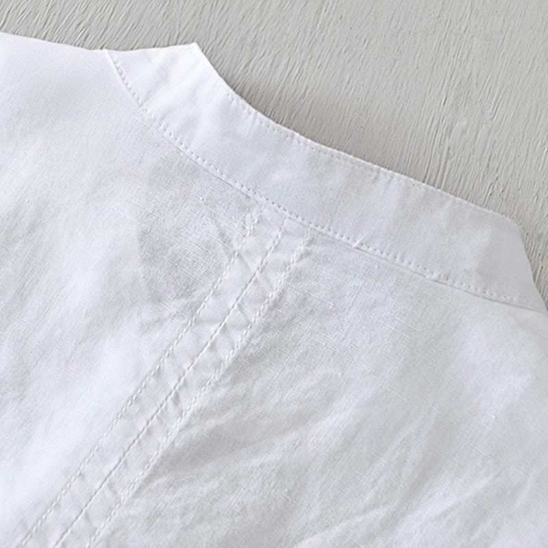 Buddha Stones Herrenhemd mit lässigem, schlichtem Design, kurzärmelig, aus Baumwolle und Leinen, mit halben Knöpfen