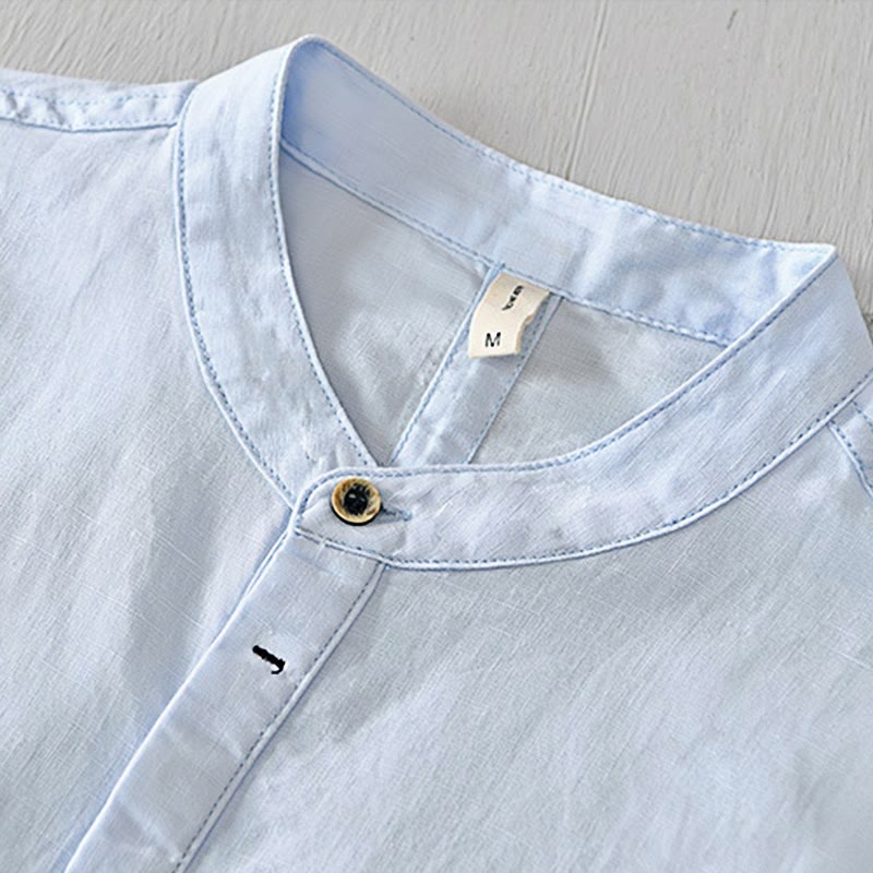 Buddha Stones Herrenhemd mit lässigem, schlichtem Design, kurzärmelig, aus Baumwolle und Leinen, mit halben Knöpfen