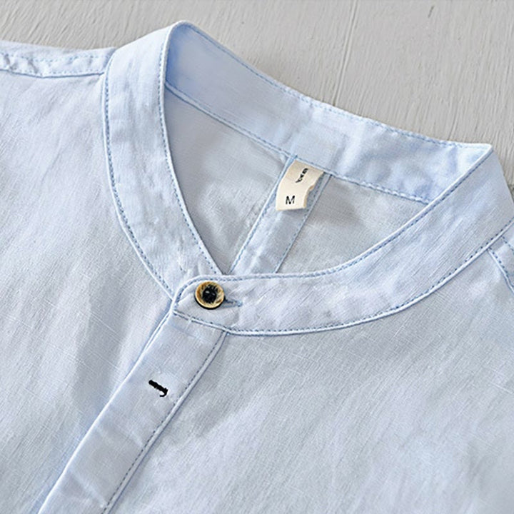 Buddha Stones Herrenhemd mit lässigem, schlichtem Design, kurzärmelig, aus Baumwolle und Leinen, mit halben Knöpfen