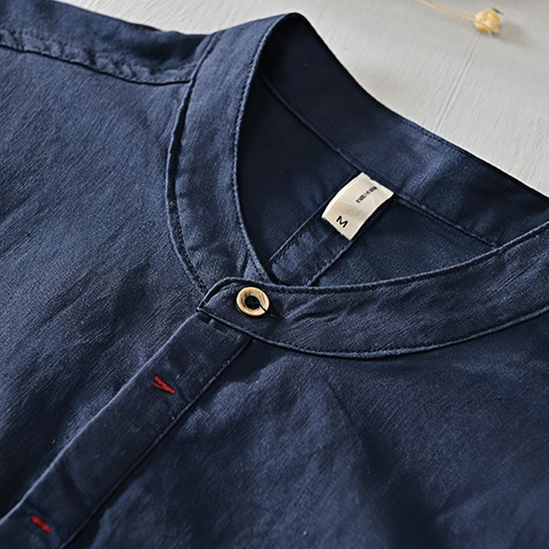 Buddha Stones Herrenhemd mit lässigem, schlichtem Design, kurzärmelig, aus Baumwolle und Leinen, mit halben Knöpfen