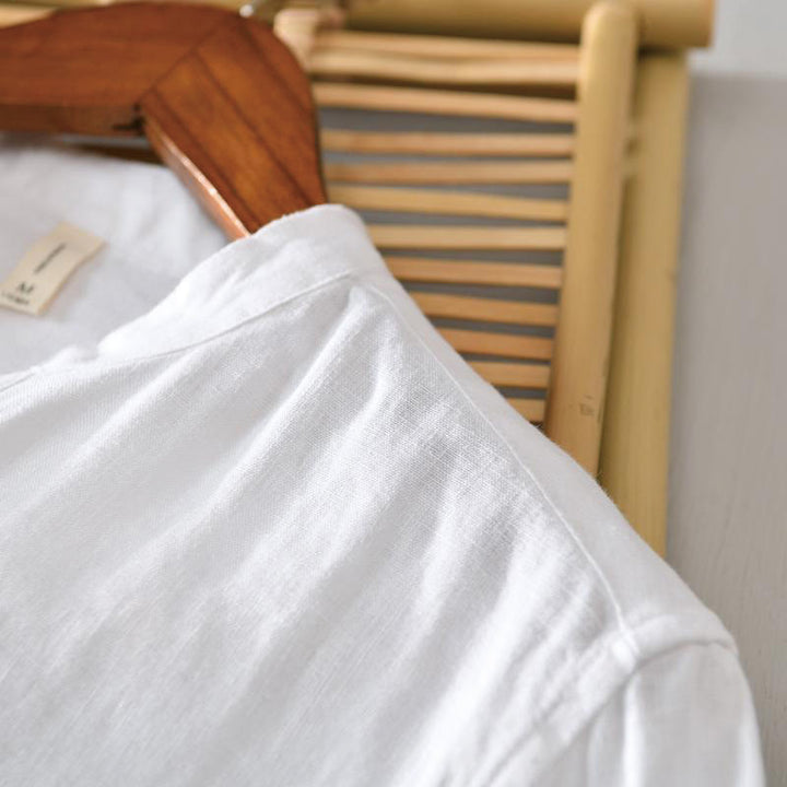 Buddha Stones Daily Einfarbiges Stehkragen Halbarm Leinen Halbknopf Herrenhemd - image 8