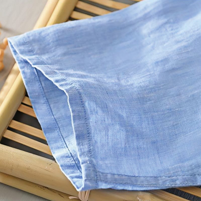 Buddha Stones Daily Einfarbiges Stehkragen Halbarm Leinen Halbknopf Herrenhemd - image 17