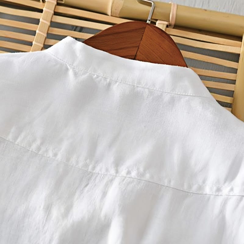 Buddha Stones Daily Einfarbiges Stehkragen Halbarm Leinen Halbknopf Herrenhemd - image 9